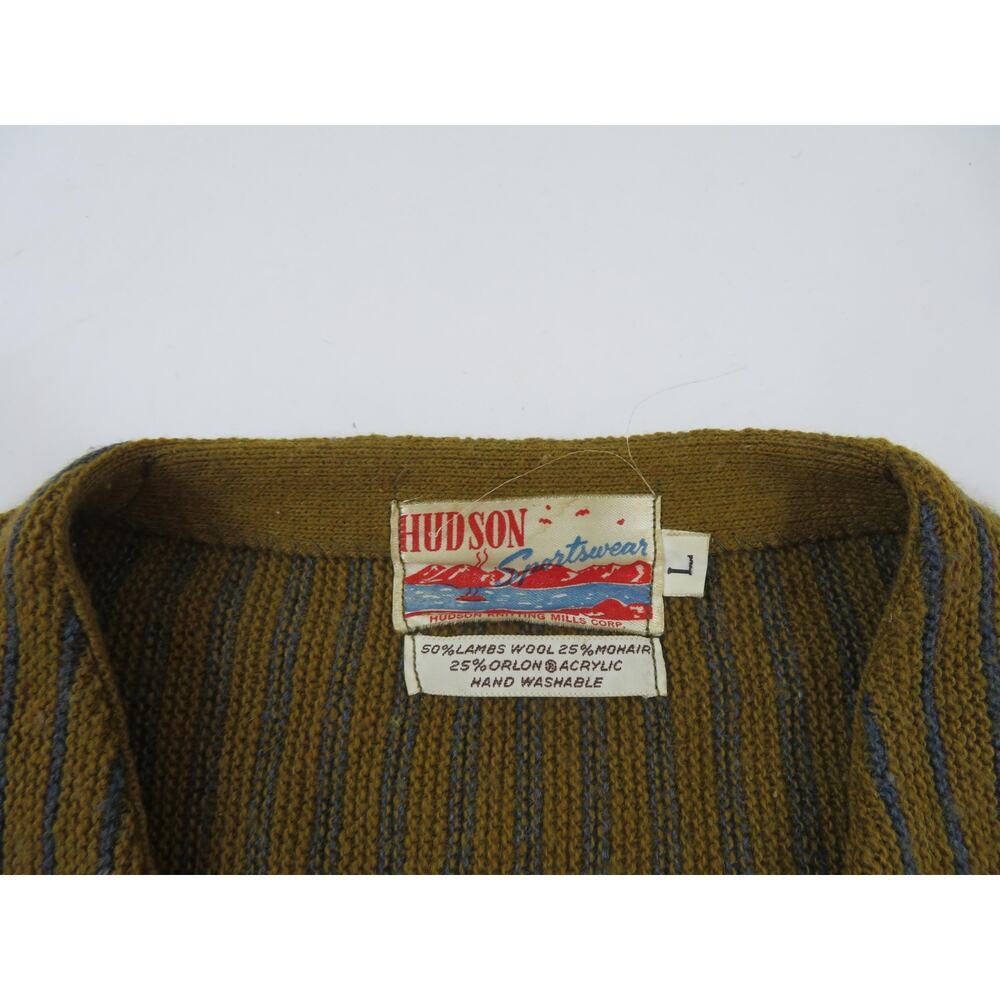 Hudson Sportswear Cardigan Sweater, Wool-Mohair, Brown Blue Striped Sz L 1960s - Picture 3 of 4